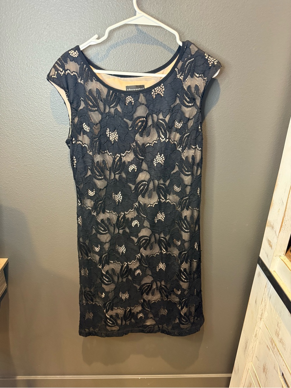 connected apparel Black Lace Overlay Dress with Nude Lining